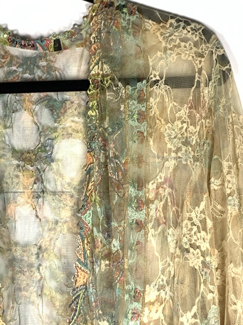 Origami Kimono Cardigan L Beige Lace Hi Low Boho Open Front Ruffle Sheer - Picture 4 of 16